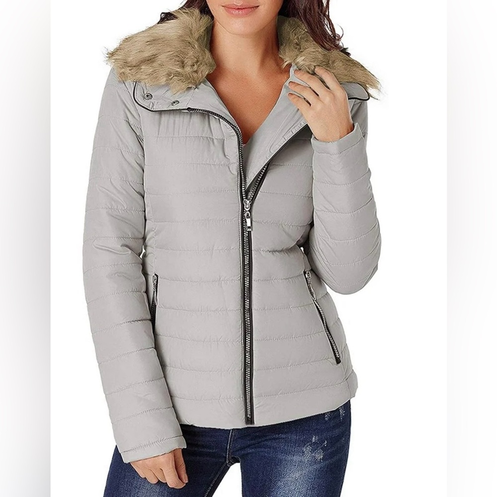 Luvamia Parka Quilted Puffer Jacket with Faux Fur Trim Gray & Tan Brown